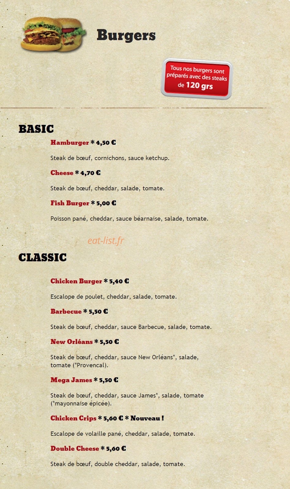 Diner's Burger — carte page 2