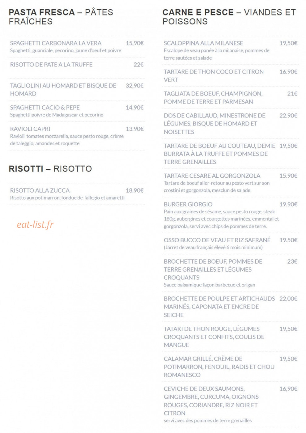 Giorgio Ristorante — carte page 2