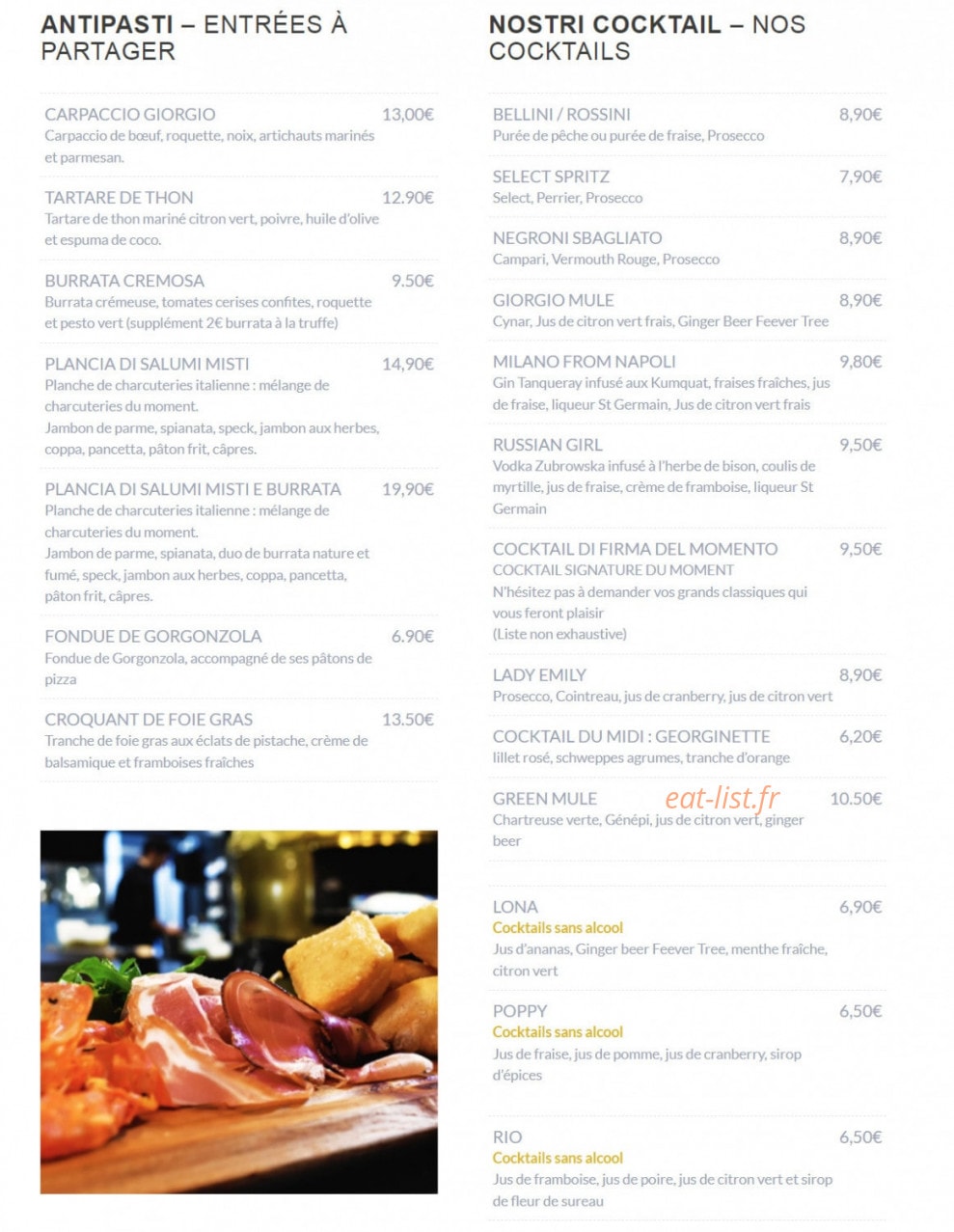 Giorgio Ristorante — carte page 1