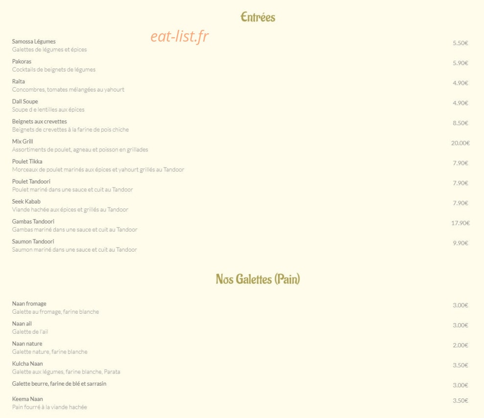 Indien Gourmet — carte page 1