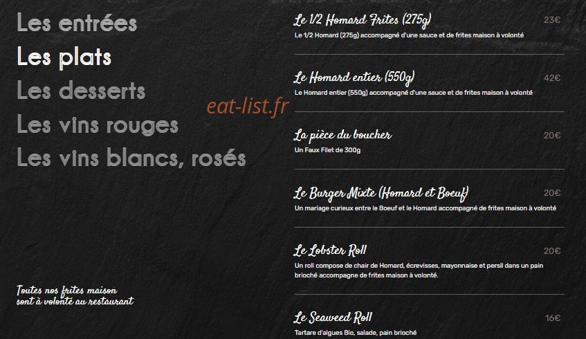 Carte et menu de Le Homard Frites à Nantes — Les plats