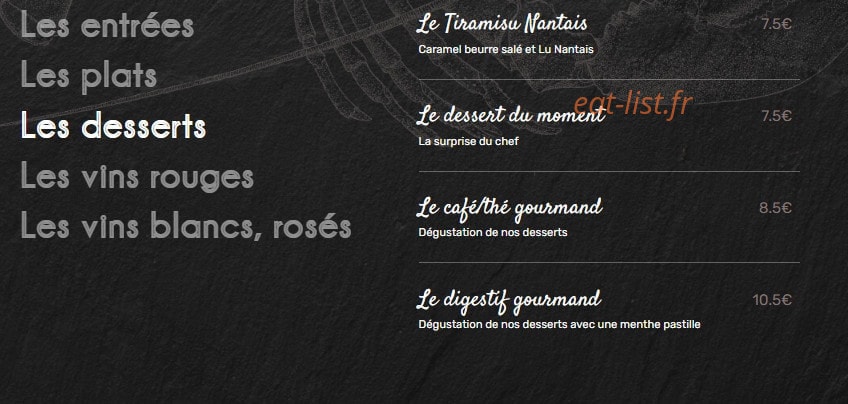 Carte et menu de Le Homard Frites à Nantes — Les desserts