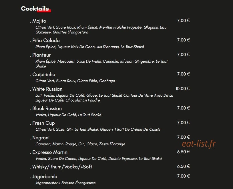 Le Live Bar — carte page 2