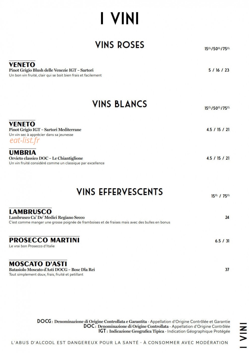 Carte et menu de Mia Nonna – Le Clan des Mamma à Nantes — Les vins rosés et vins blancs,...