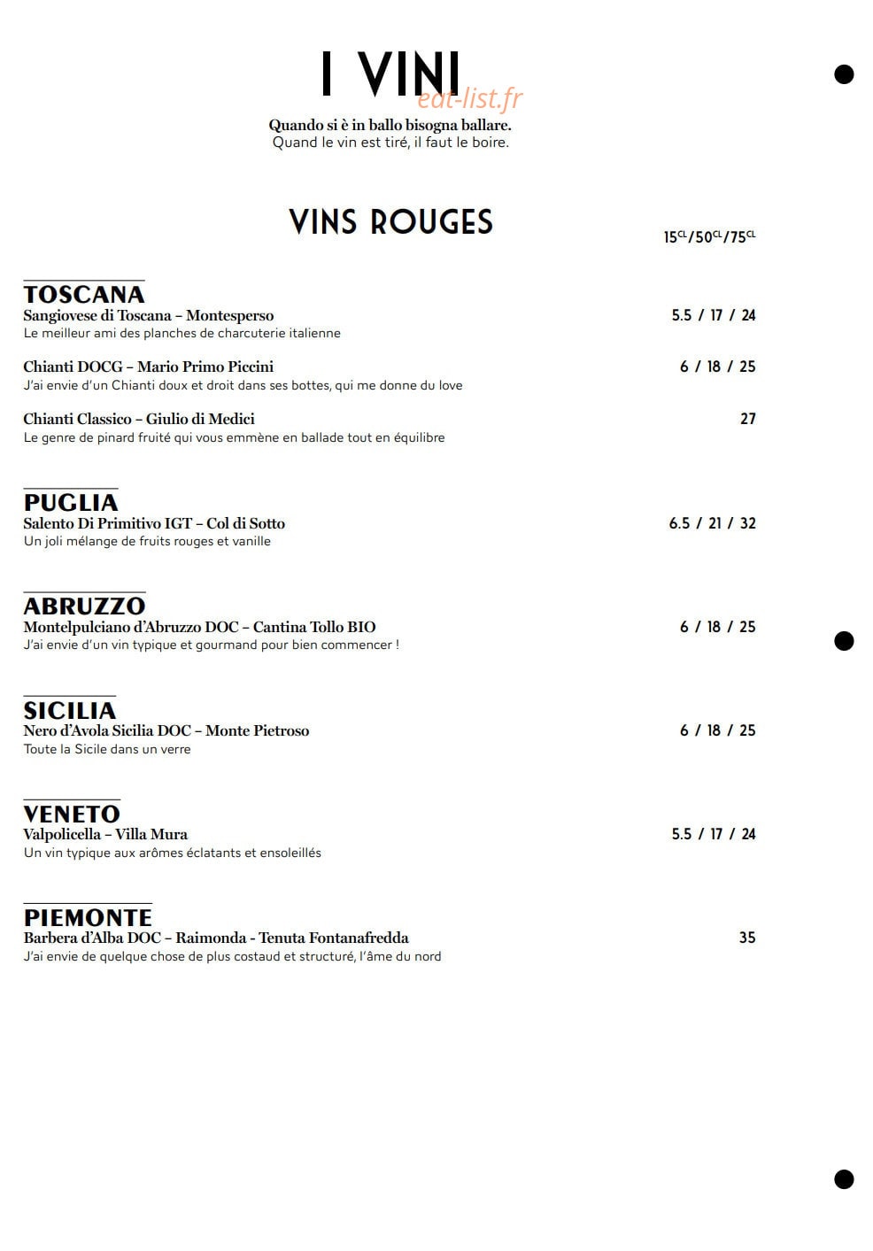 Carte et menu de Mia Nonna – Le Clan des Mamma à Nantes — Les vins rouges
