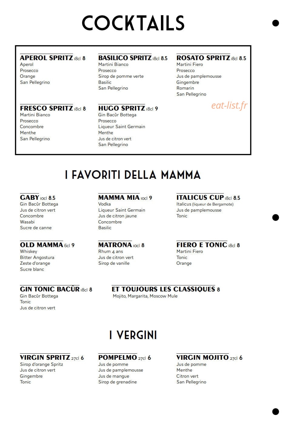 Carte et menu de Mia Nonna – Le Clan des Mamma à Nantes — Les cocktails