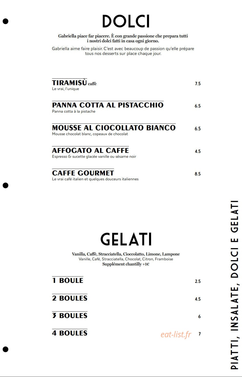 Carte et menu de Mia Nonna – Le Clan des Mamma à Nantes — Les desserts, cafés et digestifs