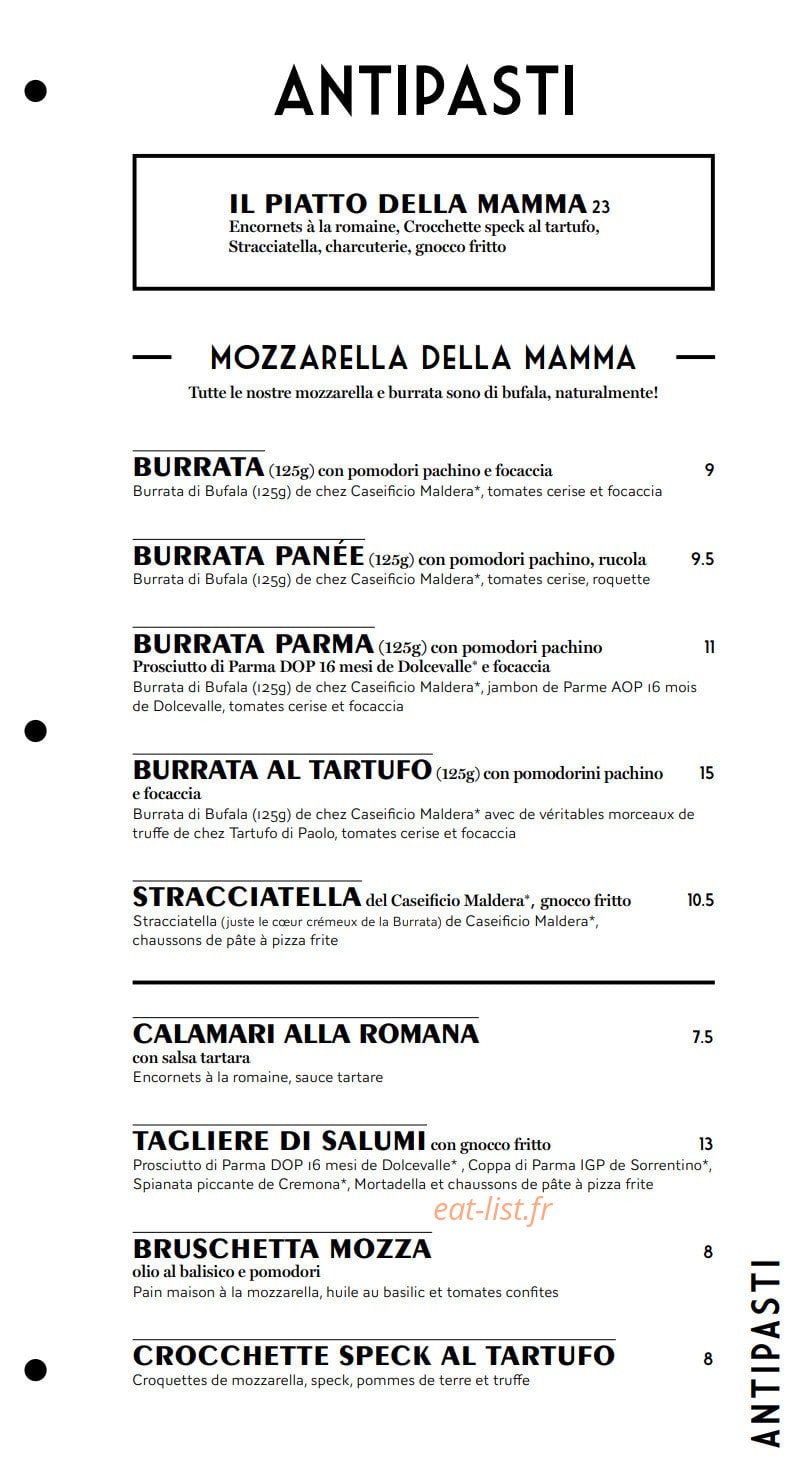 Carte et menu de Mia Nonna – Le Clan des Mamma à Nantes — Les entrées