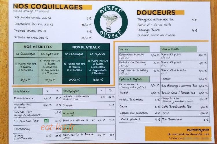 Carte et menu de Oyster Oyster à Nantes — Les vins, apéritifs, ...