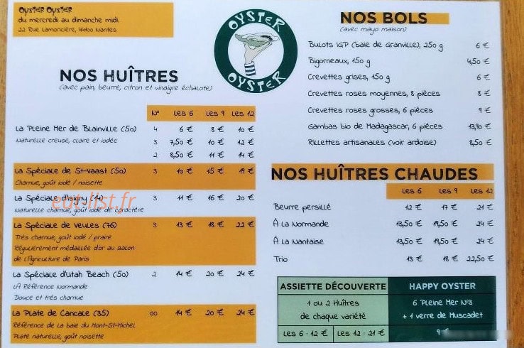 Carte et menu de Oyster Oyster à Nantes — Les huitres et bols