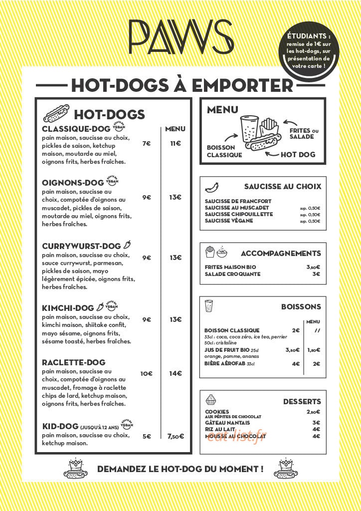 Paws Hot Dog — carte page 1