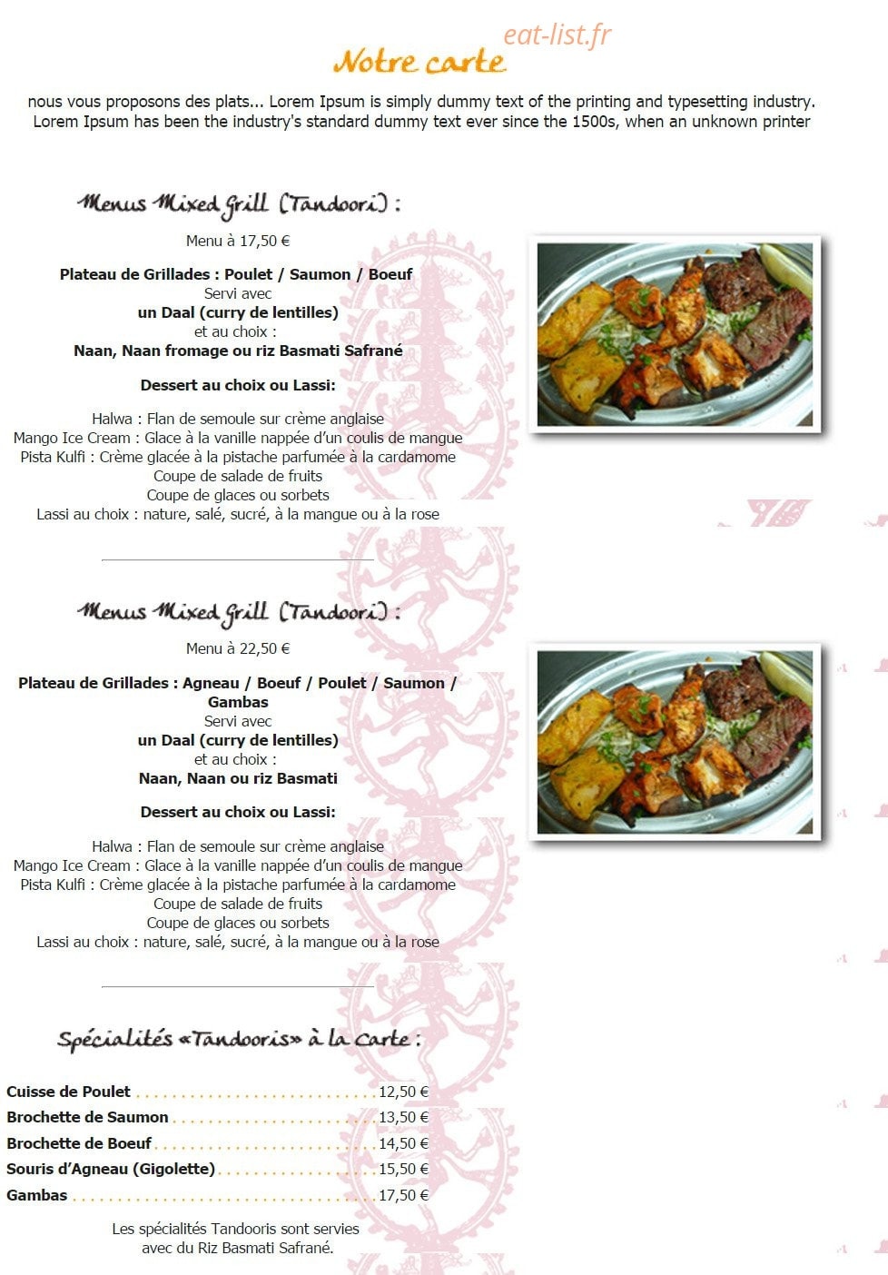 Shaan Tandoori — carte page 1