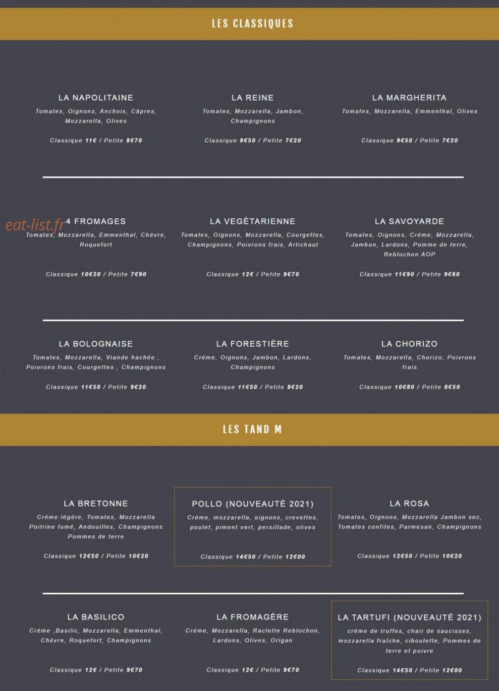 Tand m Pizza — carte page 1
