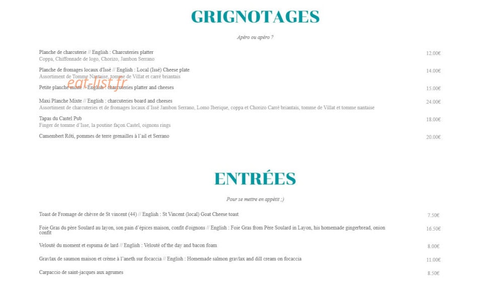 Castel Pub — carte page 1