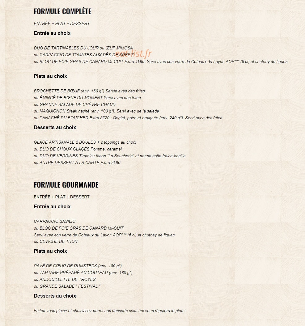 Carte et menu de La Boucherie à Basse Goulaine — Les formules suite