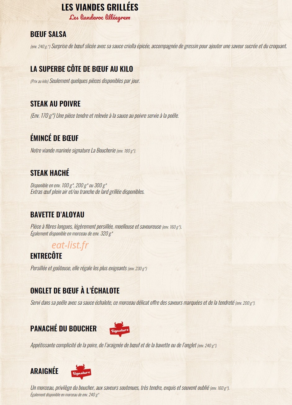 Carte et menu de La Boucherie à Basse Goulaine — Les viandes grillées