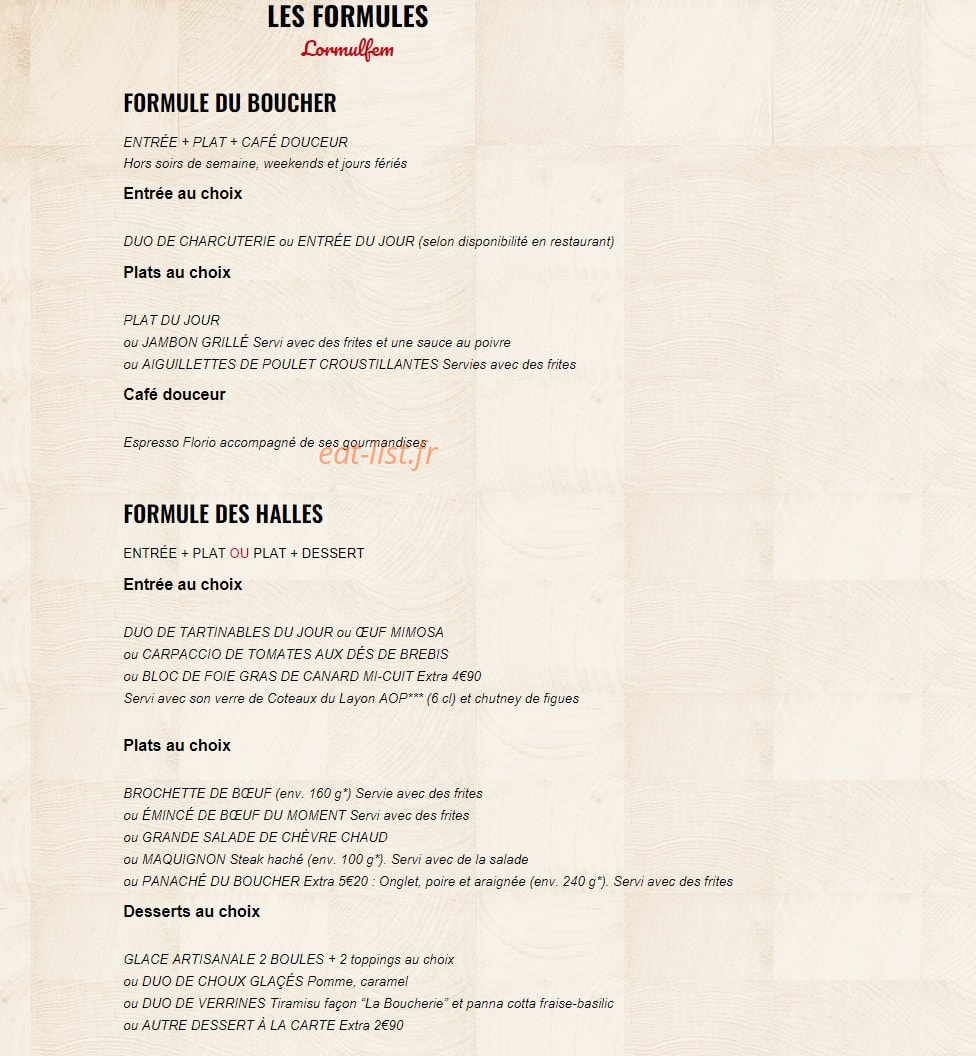 Carte et menu de La Boucherie à Basse Goulaine — Les formules