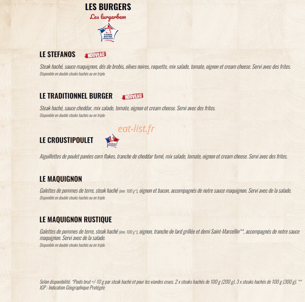 Carte et menu de La Boucherie à Basse Goulaine — Les burgers