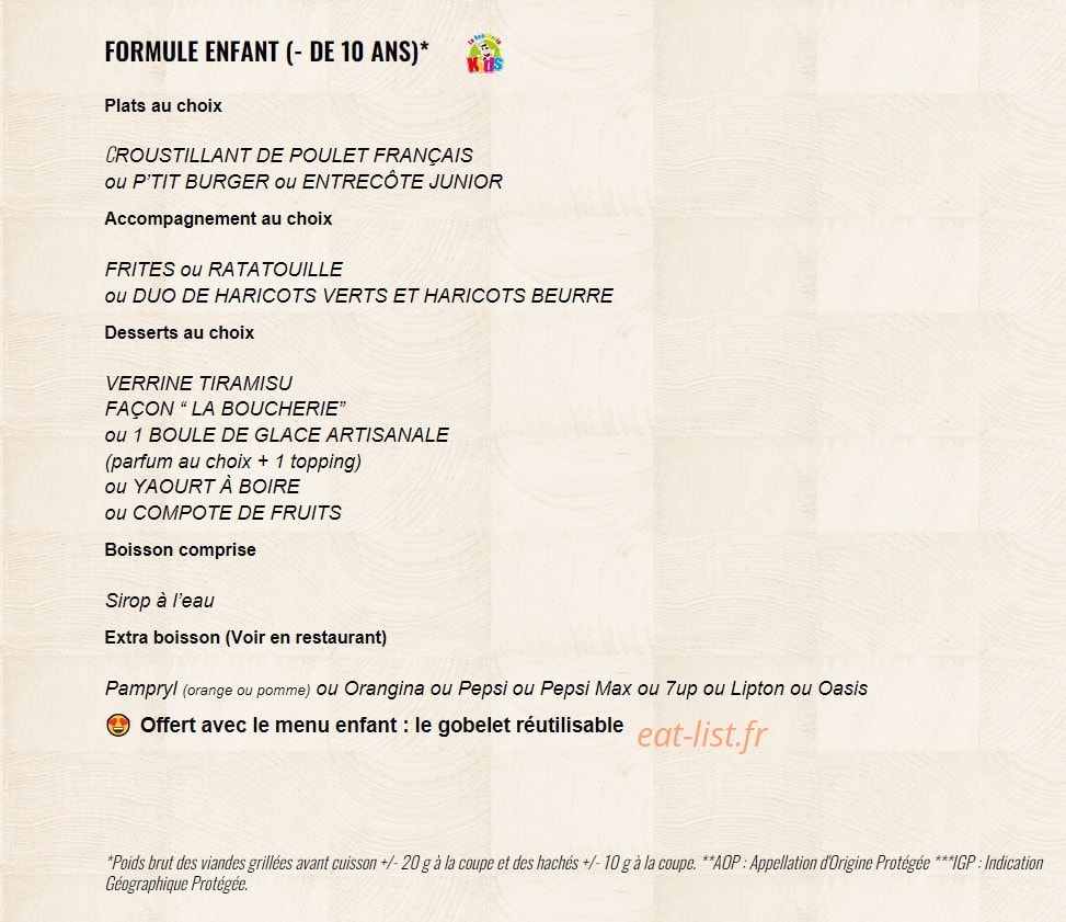 Carte et menu de La Boucherie à Basse Goulaine — La formule enfant