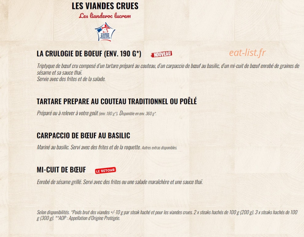 Carte et menu de La Boucherie à Basse Goulaine — Les viandes crues