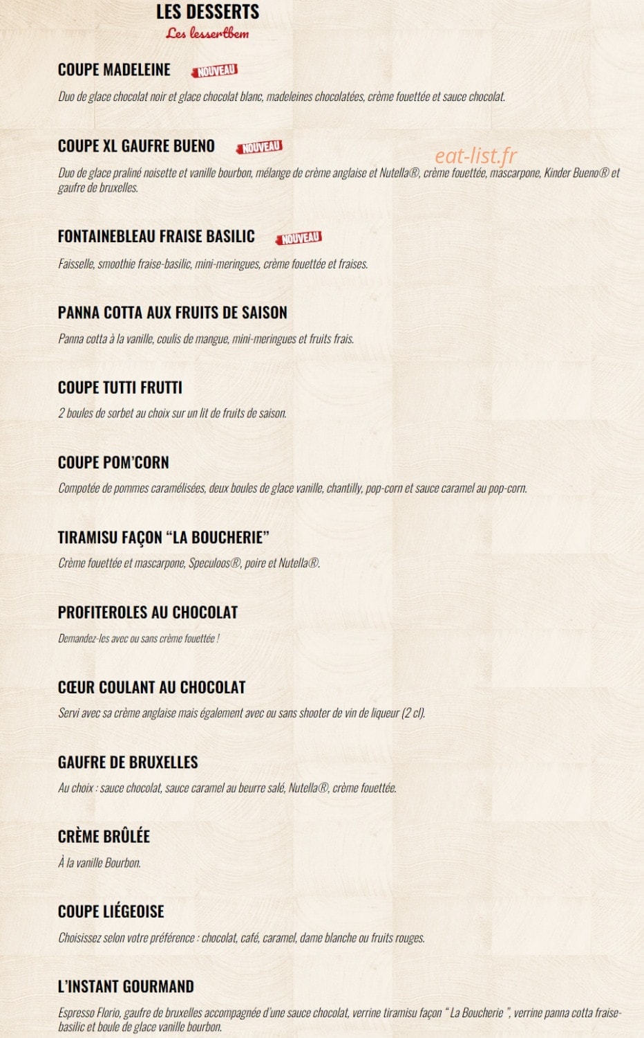 Carte et menu de La Boucherie à Basse Goulaine — Les desserts