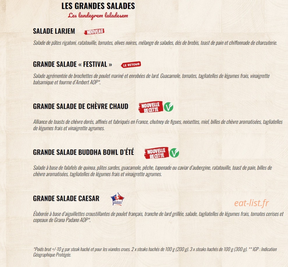 Carte et menu de La Boucherie à Basse Goulaine — Les grandes salades