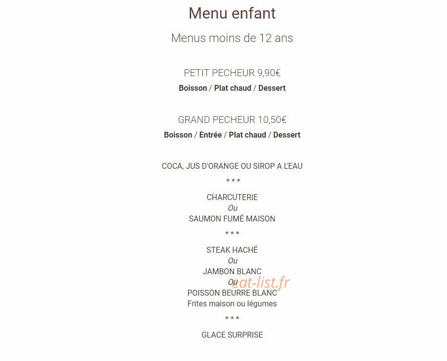 Carte et menu de Les Pêcheurs à La Chevroliere — Menu enfant
