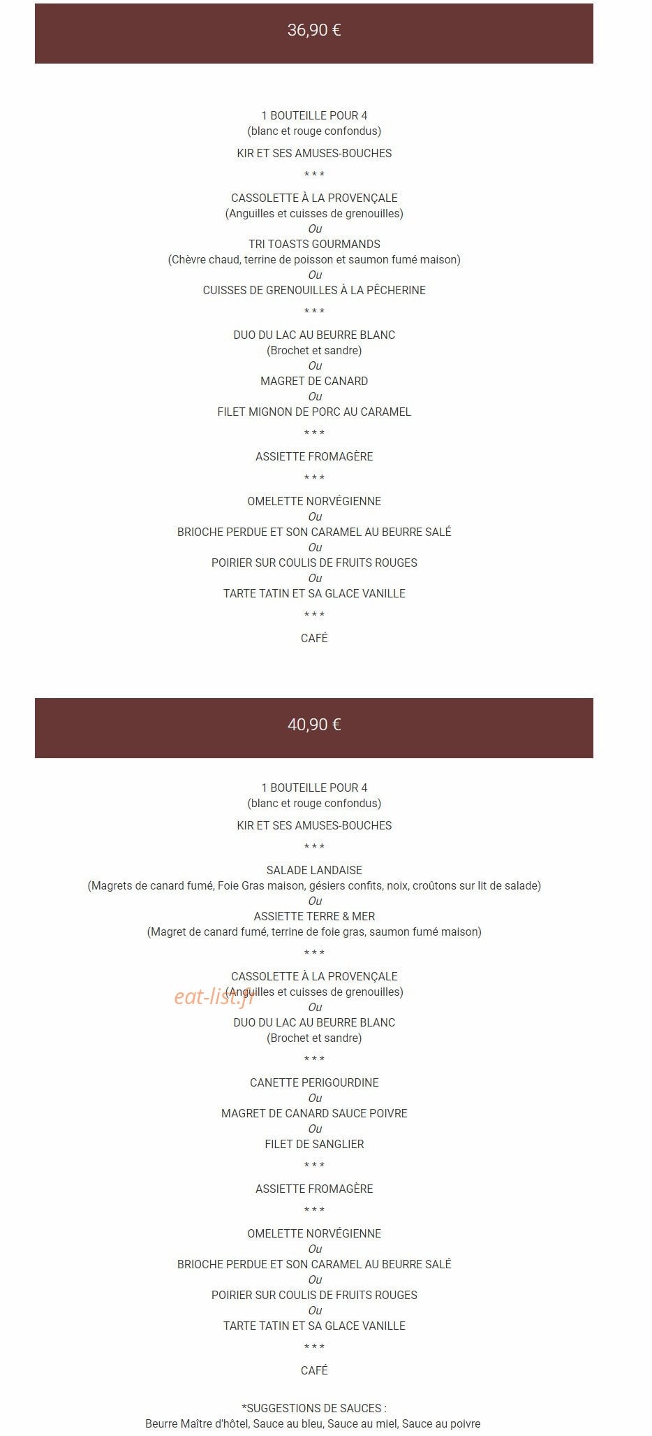 Carte et menu de Les Pêcheurs à La Chevroliere — Menu groupe suite