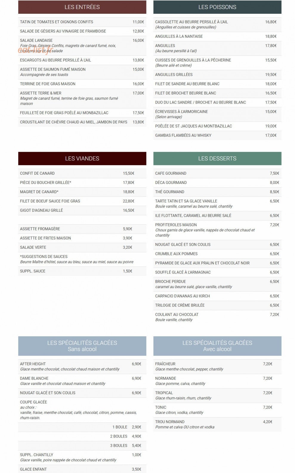 Carte et menu de Les Pêcheurs à La Chevroliere — Entrées, poissons, viandes,...