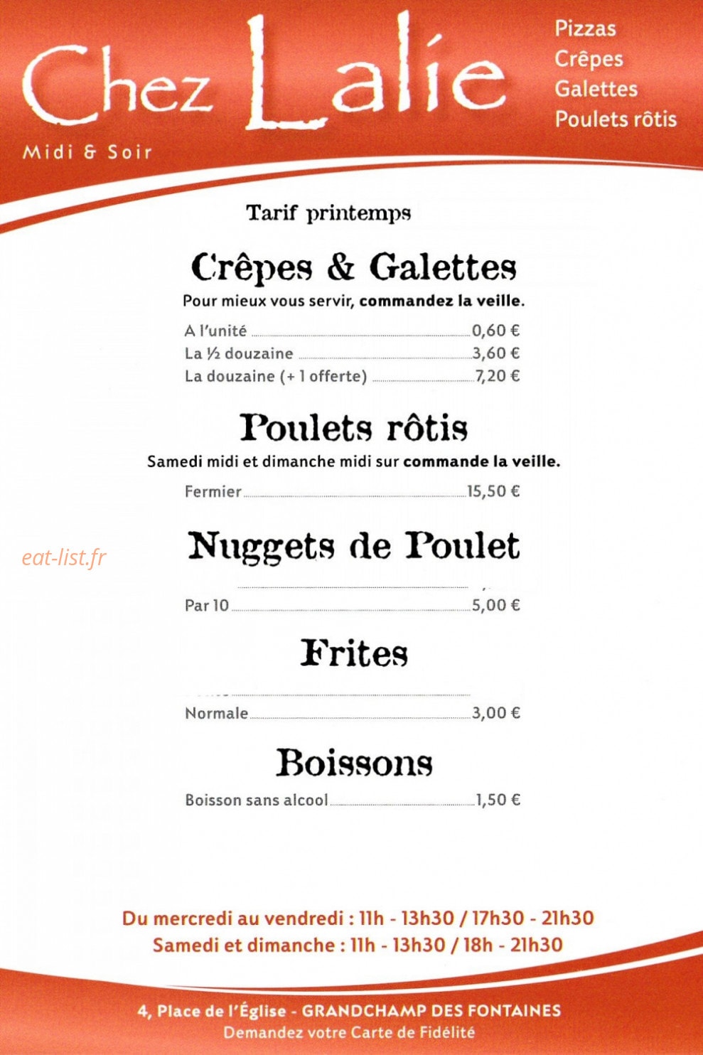 Carte et menu de Chez Lalie à Grandchamps des Fontaines — Les crêpes, galettes, poulets rôtis...