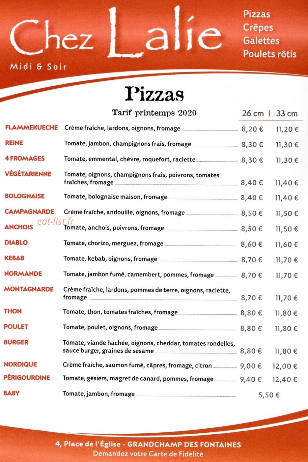 Carte et menu de Chez Lalie à Grandchamps des Fontaines — Les pizzas