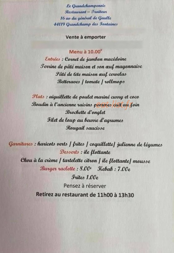 Carte et menu de Le Grandchampenois à Grandchamps des Fontaines — Un exemple de menu de la semaine
