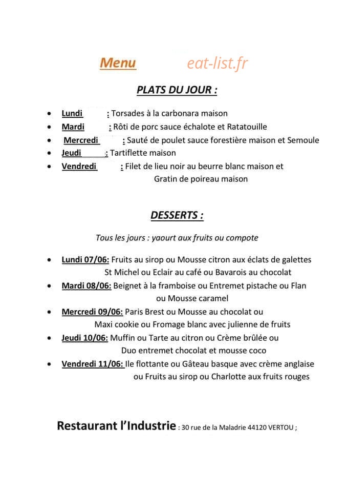 Restaurant de L'Industrie — carte page 1