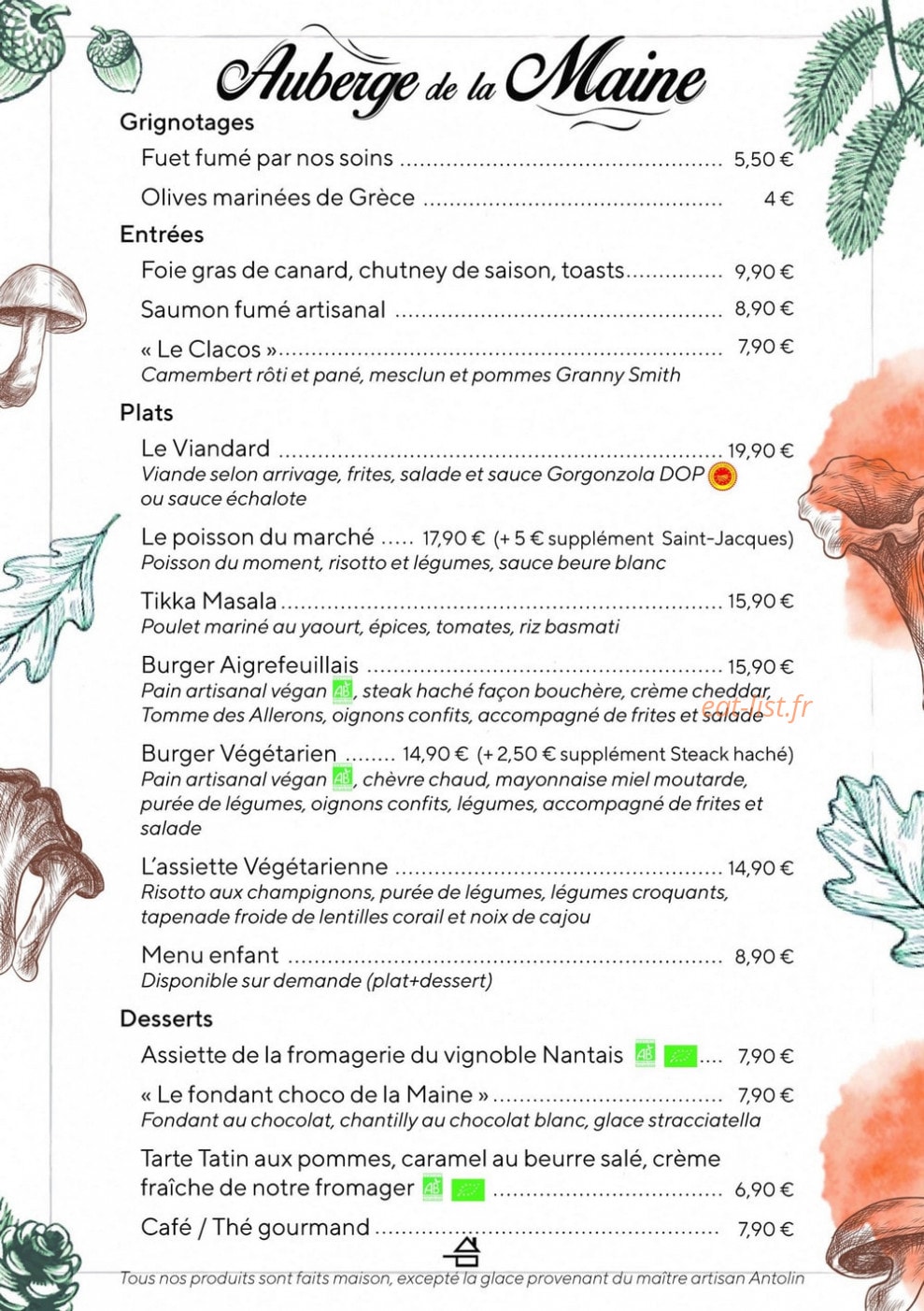 Carte et menu de Auberge de la Maine à Aigrefeuille sur Maine — La carte