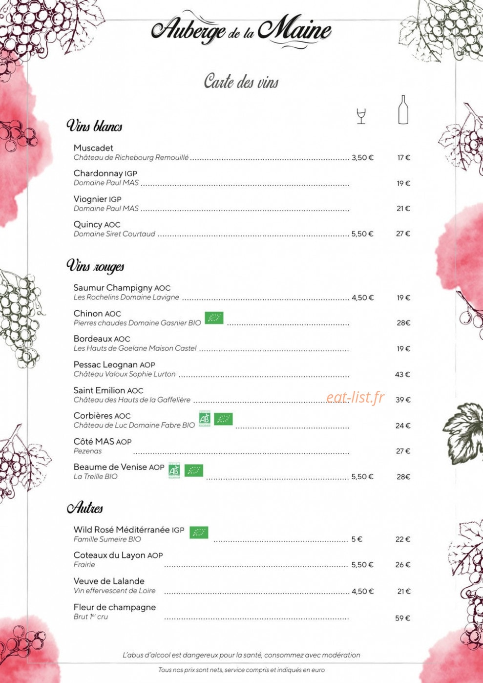 Carte et menu de Auberge de la Maine à Aigrefeuille sur Maine — Les vins
