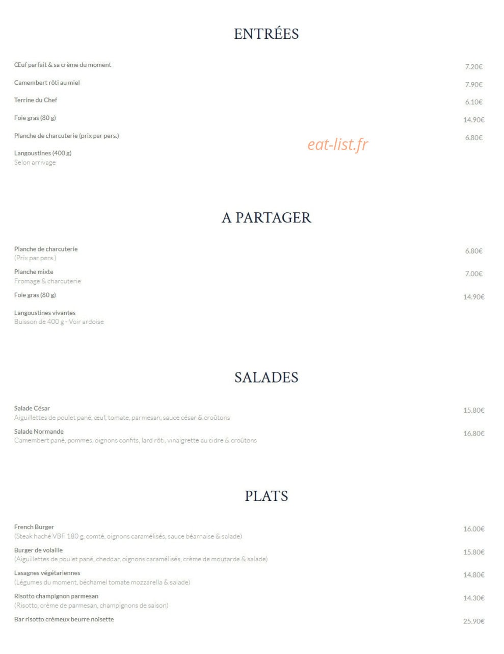 Le Coq Restaurant — carte page 1