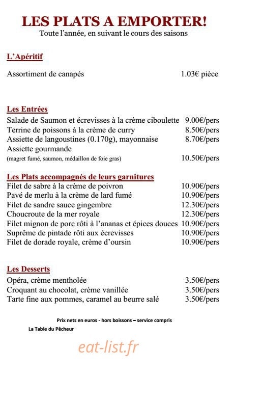 Carte et menu de La table du pécheur à Ancenis-Saint-Géréon — Les plats à emporter