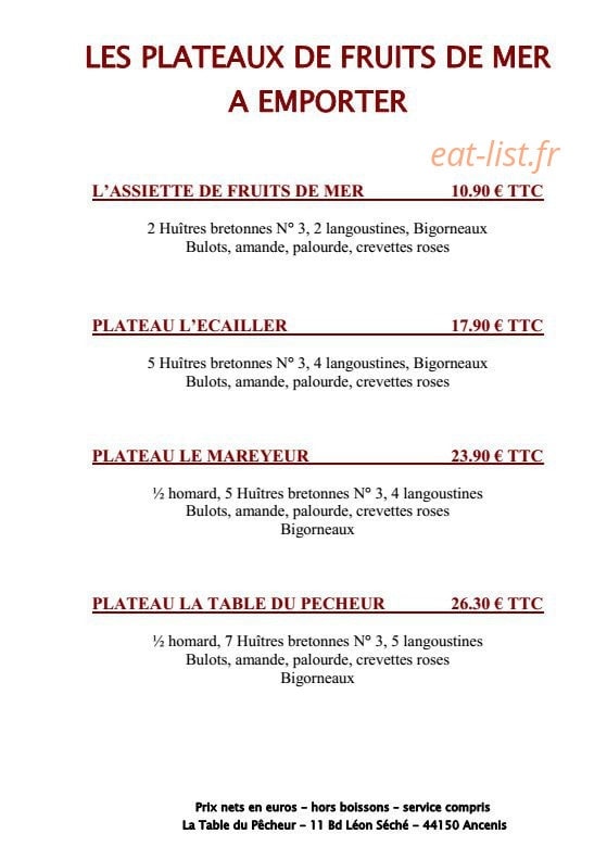 Carte et menu de La table du pécheur à Ancenis-Saint-Géréon — Les fruits de mer, les menus à emporter
