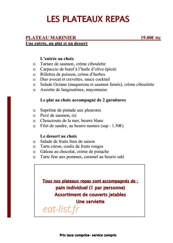 Carte et menu de La table du pécheur à Ancenis-Saint-Géréon — Les plateaux repas