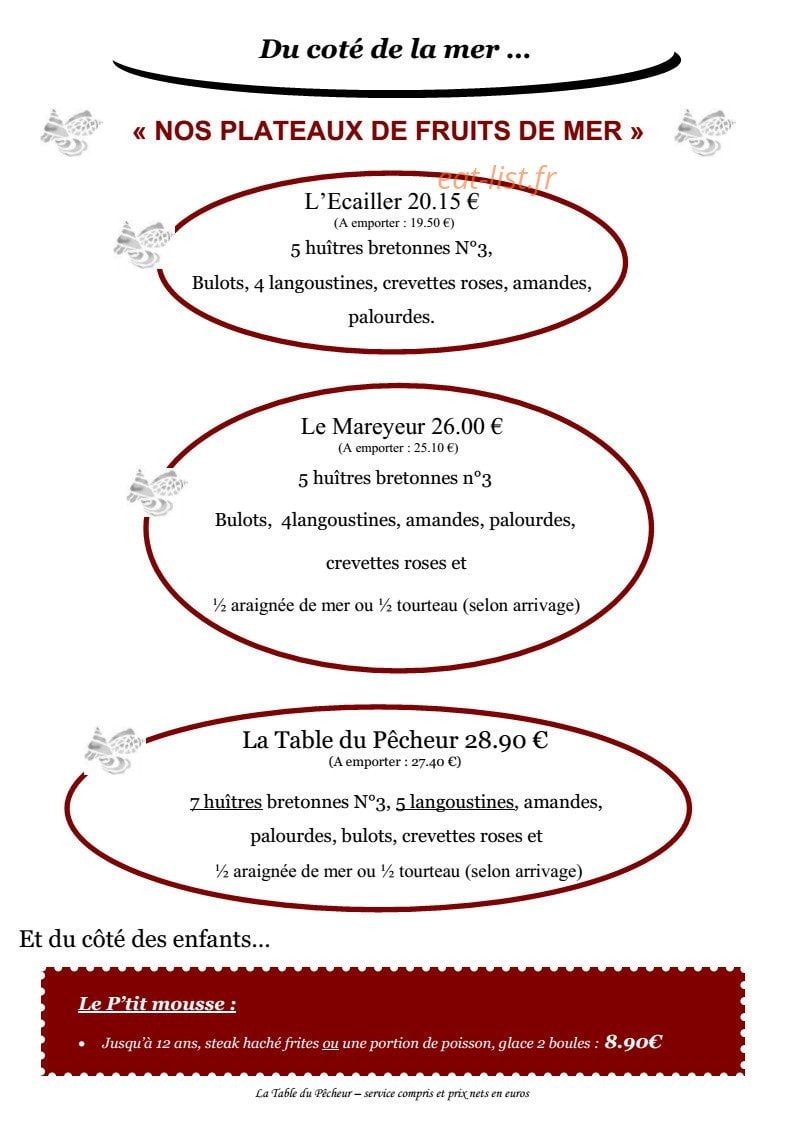 Carte et menu de La table du pécheur à Ancenis-Saint-Géréon — Les plateaux de fruit de mer