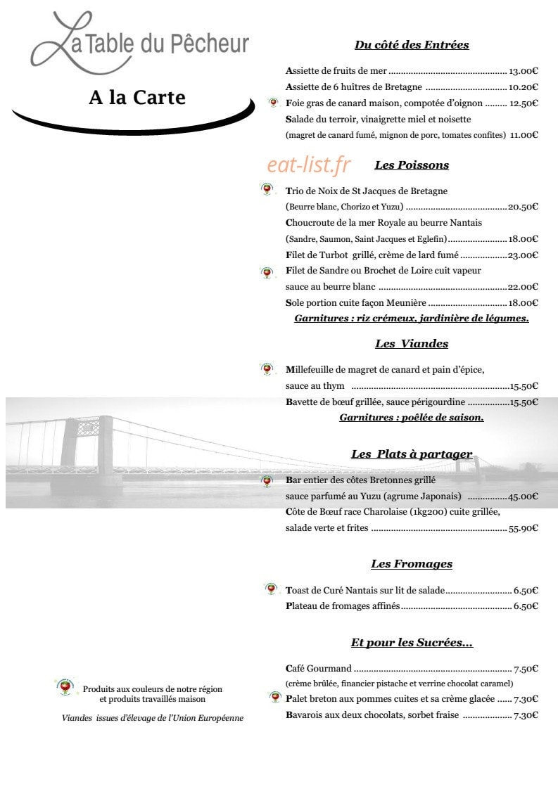 Carte et menu de La table du pécheur à Ancenis-Saint-Géréon — Les entrées, poissons, viandes...