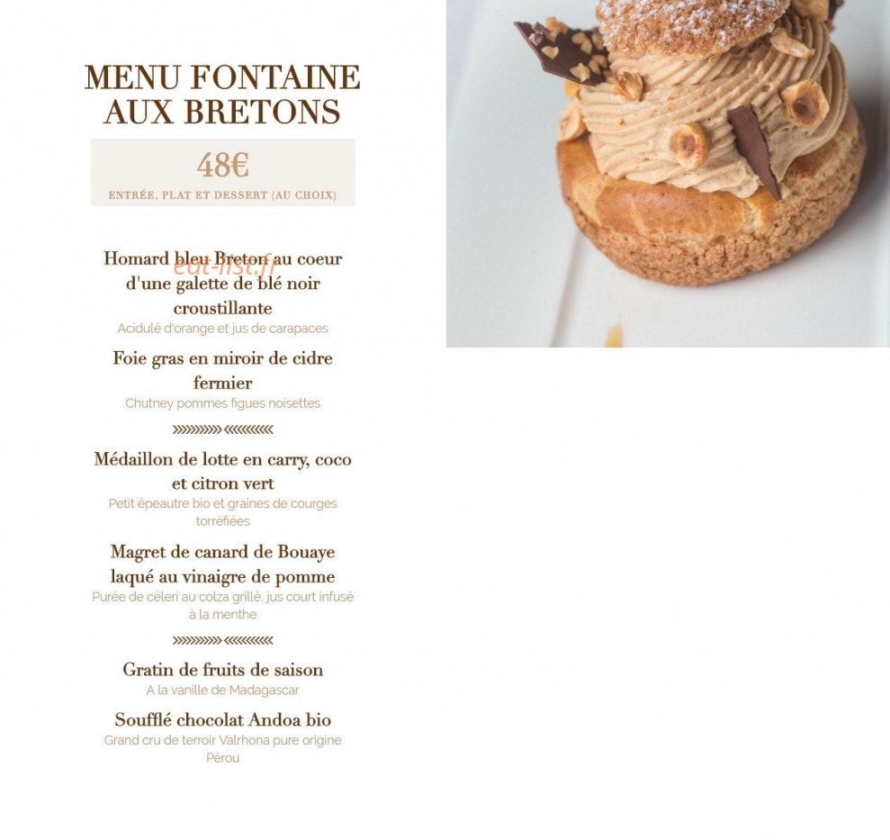 Carte et menu de Auberge la Fontaine aux Bretons à Pornic — Le menu fontaine aux bretons