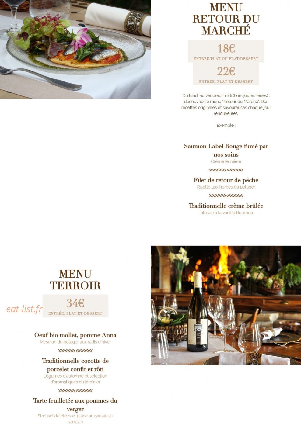 Carte et menu de Auberge la Fontaine aux Bretons à Pornic — Le menu retour du marché et menu terroir
