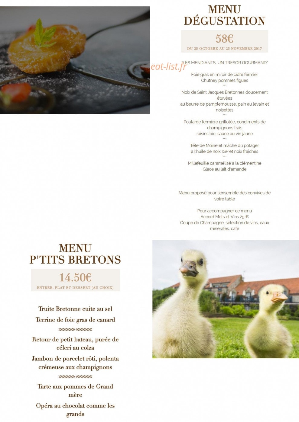 Carte et menu de Auberge la Fontaine aux Bretons à Pornic — Le menu dégustation et menu enfant