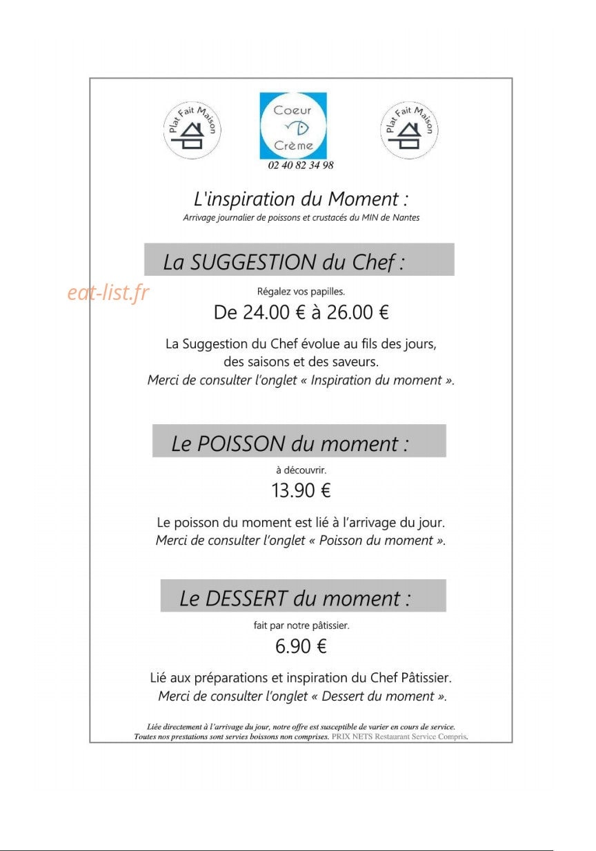 Carte et menu de Coeur et Crème à Pornic — L' inspiration du moment