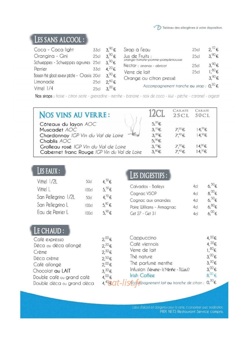 Carte et menu de Coeur et Crème à Pornic — Les vins au verre, eaux, digestifs...