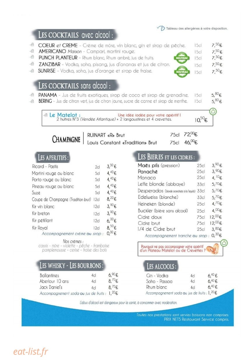 Carte et menu de Coeur et Crème à Pornic — Les cocktails, apéritifs, bières...
