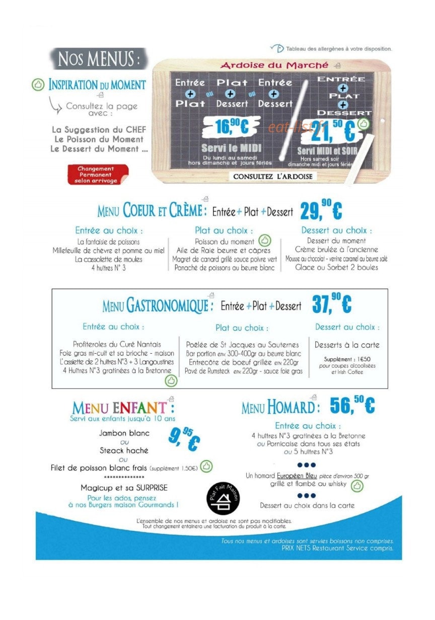 Carte et menu de Coeur et Crème à Pornic — Les menus