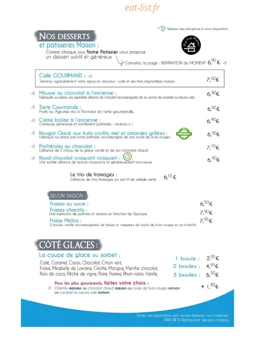 Carte et menu de Coeur et Crème à Pornic — Les desserts et glaces