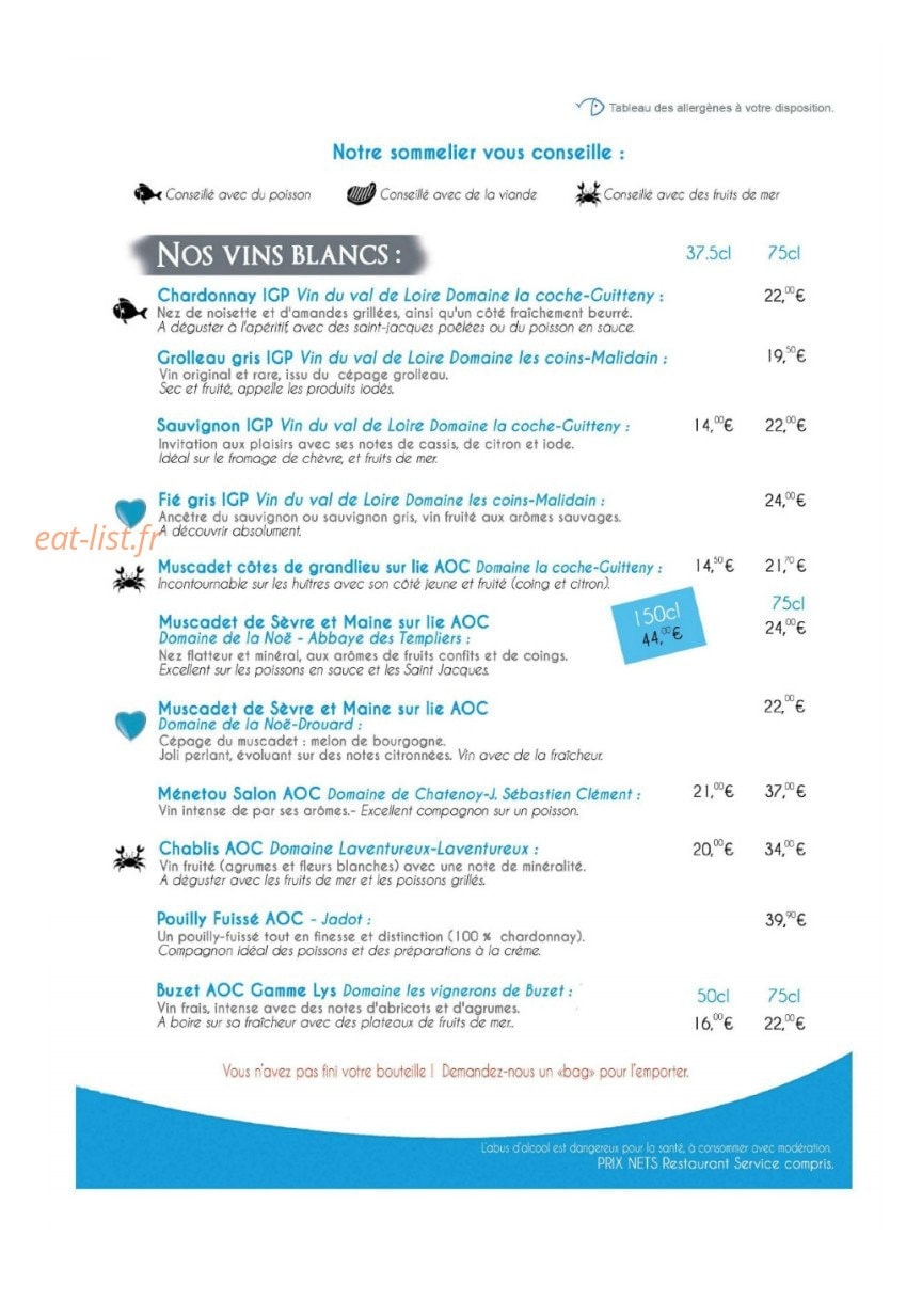 Carte et menu de Coeur et Crème à Pornic — Les vins blancs